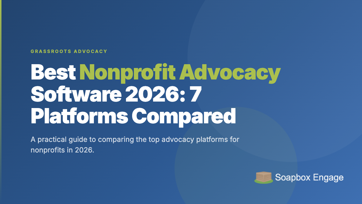 A nonprofit team comparing grassroots advocacy software platforms on a laptop, evaluating petition and action campaign features