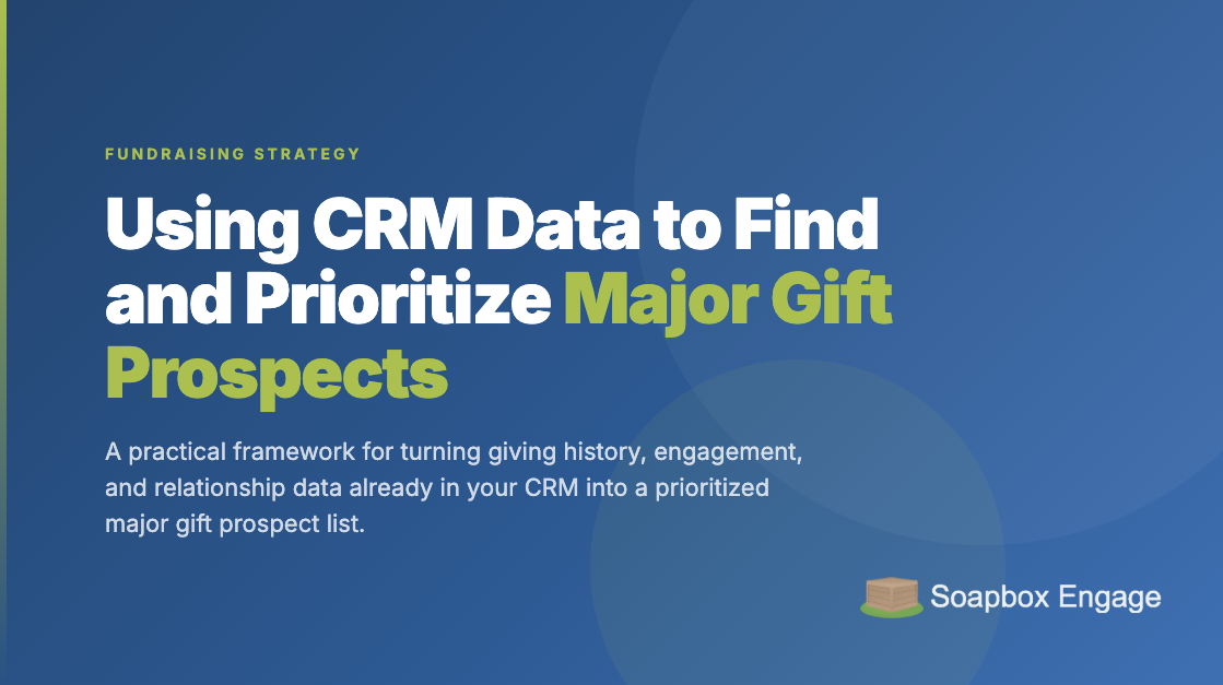 Title card reading 'Using CRM Data to Find and Prioritize Major Gift Prospects' with the subtitle 'Turn the donor data you already have into a working major gift pipeline'